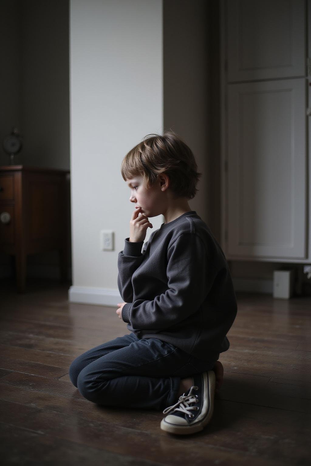 A young child sitting alone with a thoughtful expression, representing childhood shame and emotional reflection.