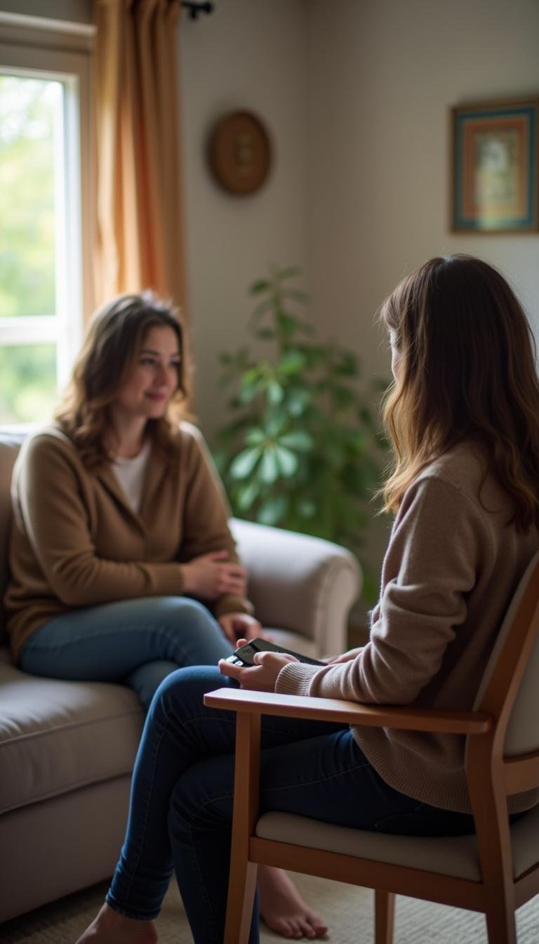 A therapist and client engaging in a counseling session, illustrating therapy to heal childhood shame.
