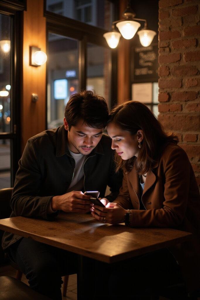Couple engaging in respectful texting during a romantic dinner at a cafe, showcasing healthy texting etiquette in relationships