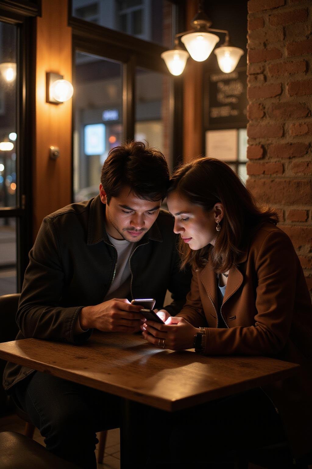 Couple engaging in respectful texting during a romantic dinner at a cafe, showcasing healthy texting etiquette in relationships
