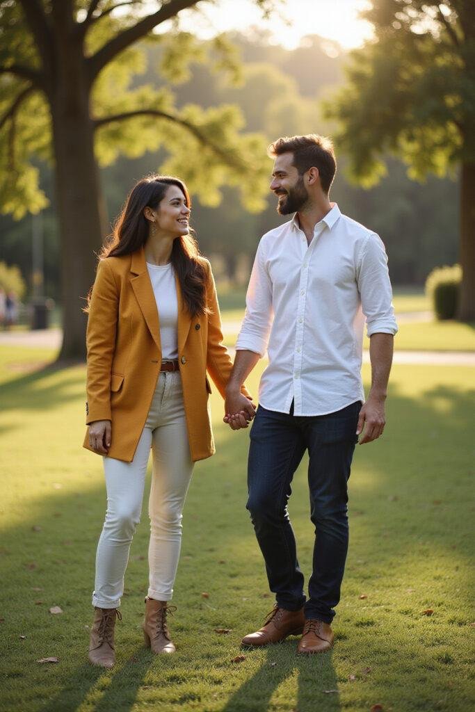 A happy couple showing green flags like communication and trust in their relationship