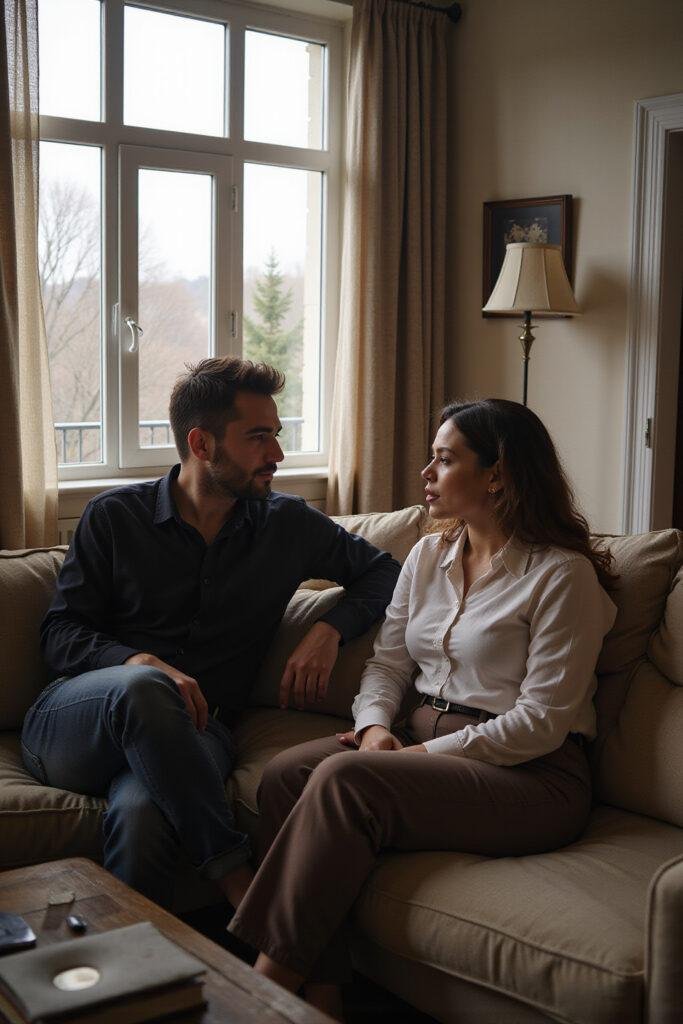 A couple discussing boundaries and safe words in a cozy living room setting.