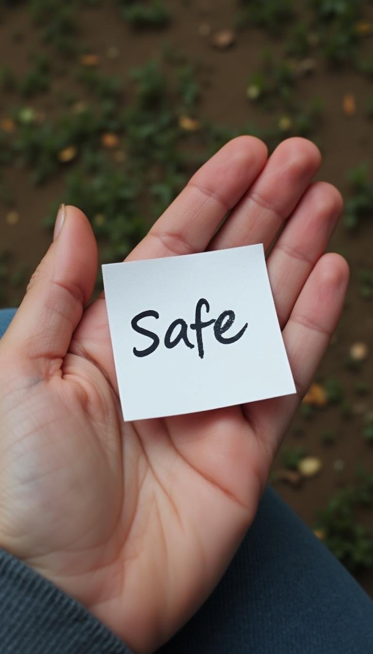 Close-up of hand holding a note with the word 'Safe', representing safe words and trust.