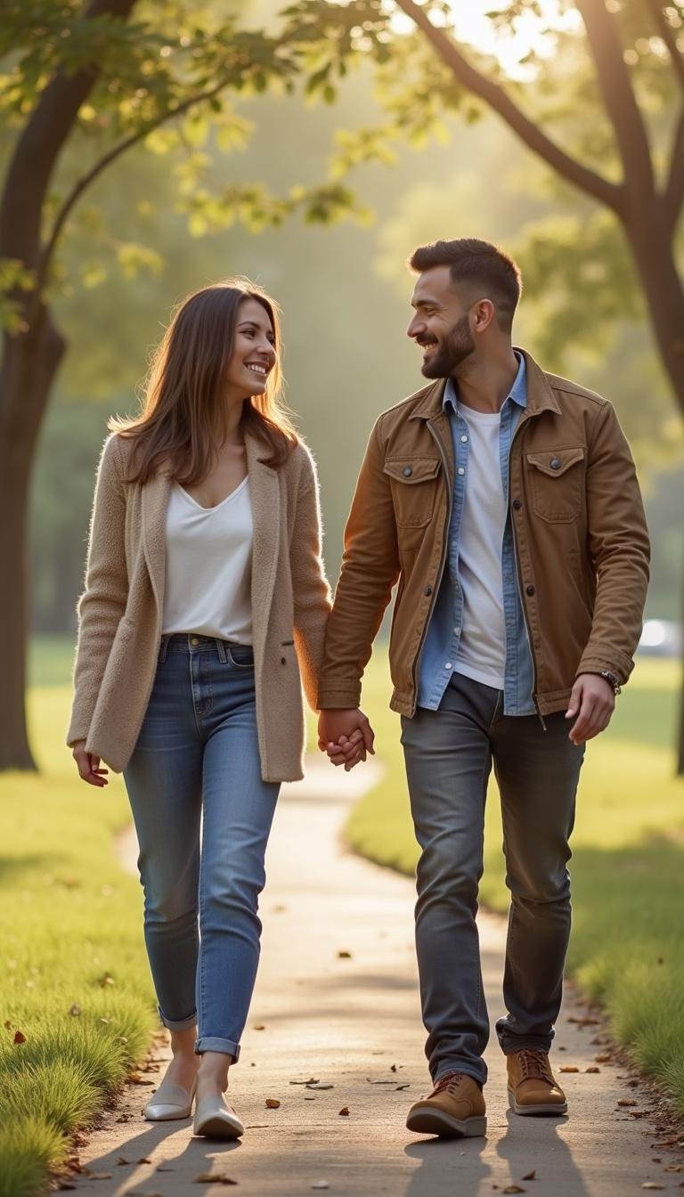 Happy couple walking together outdoors, symbolizing trust and comfort in vanilla relationships.