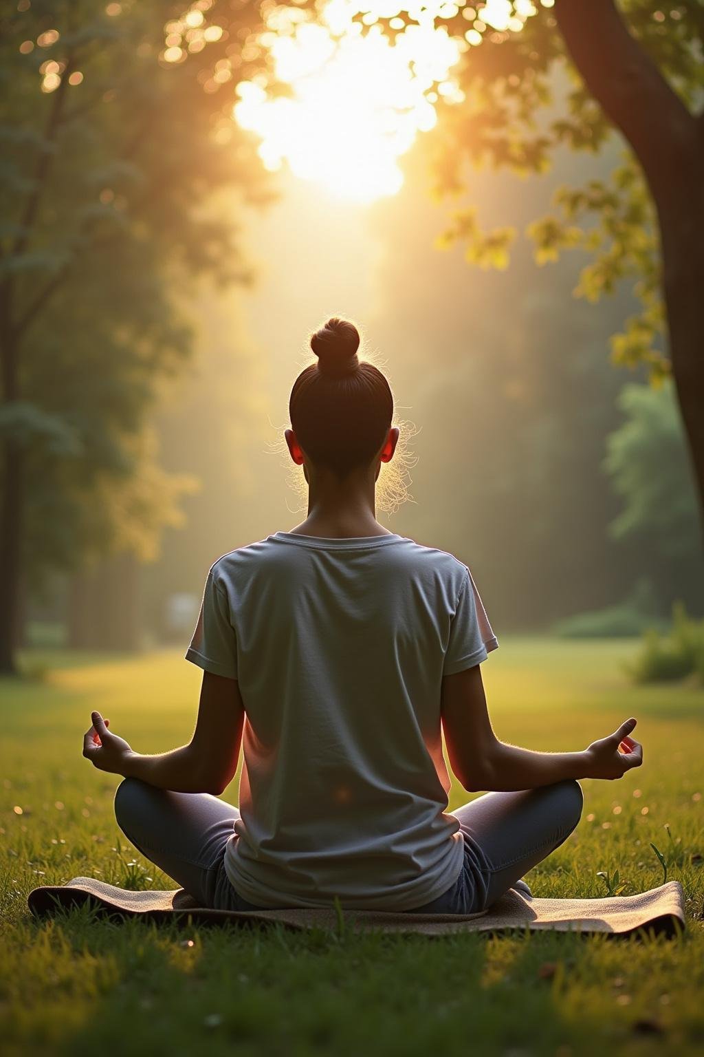 Individual meditating outdoors in a tranquil environment, symbolizing mental health care and mindfulness.
