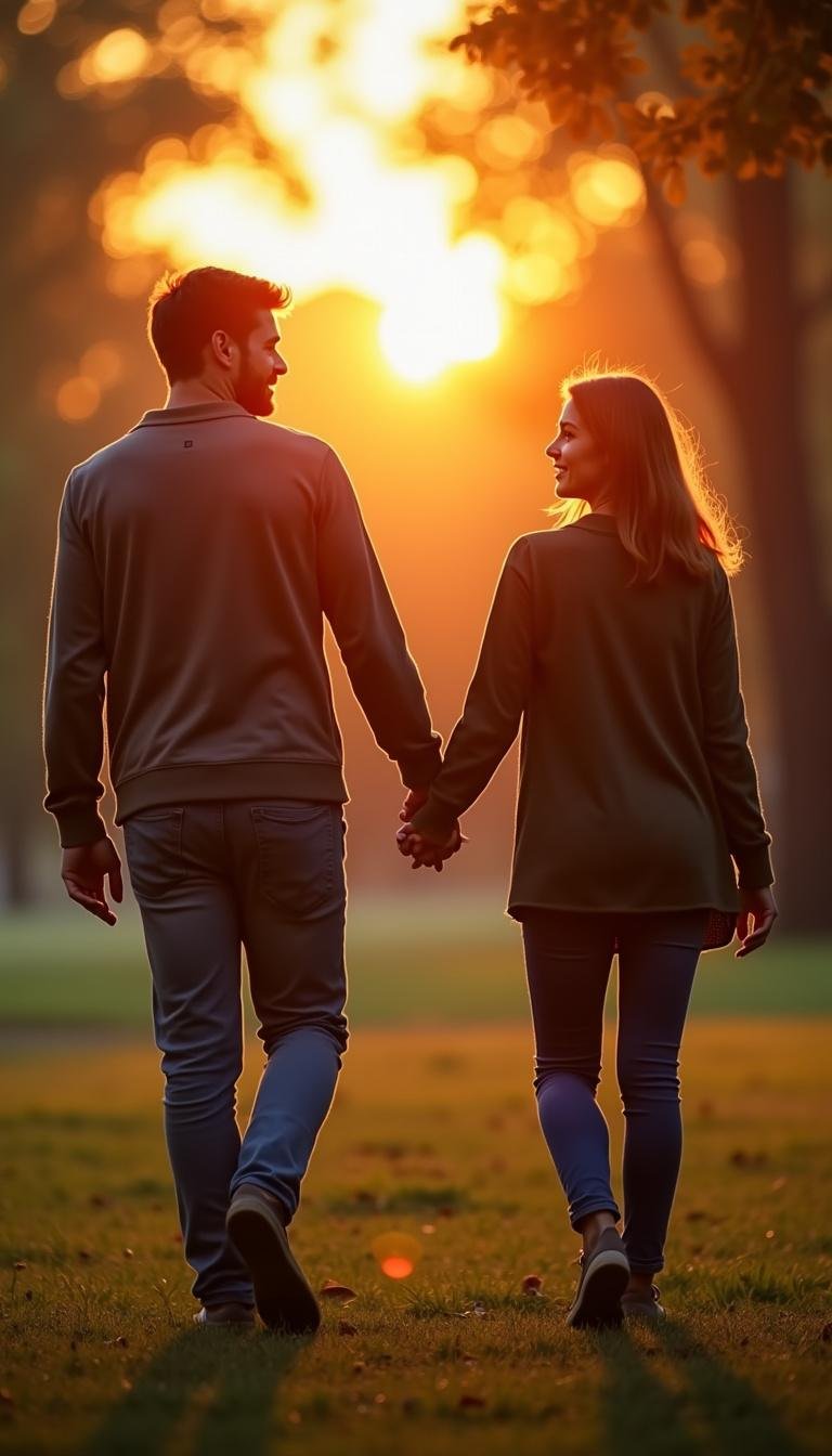 Couple strolling outdoors in a scenic setting, illustrating strong emotional bonds and relationship health.