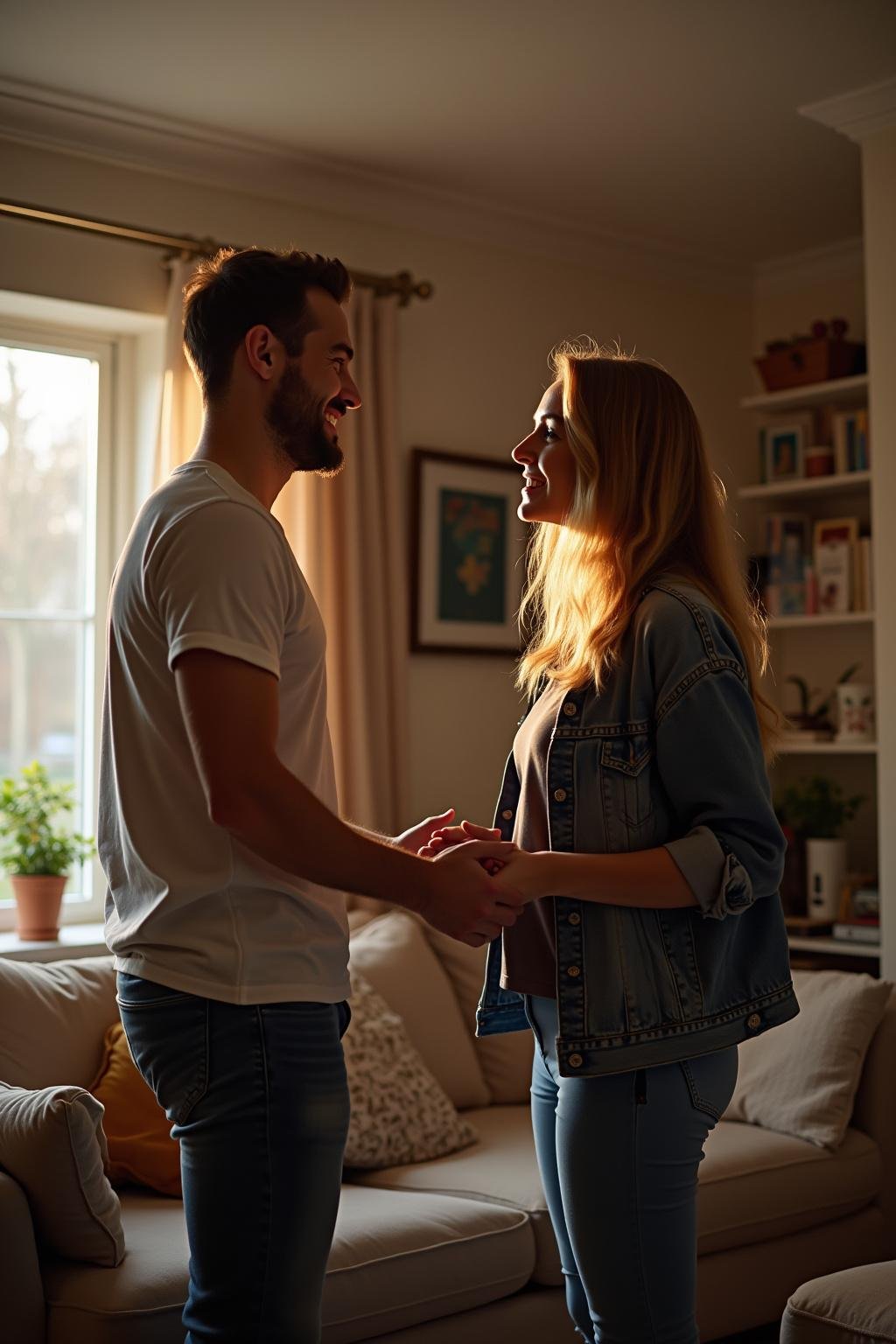 Happy couple sharing an intimate moment, expressing mutual trust and sexual confidence in a cozy home