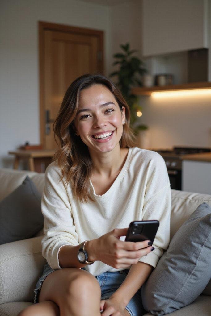 Happy woman relaxing at home, representing female pleasure and well-being.