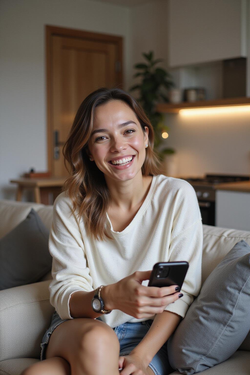 Happy woman relaxing at home, representing female pleasure and well-being.