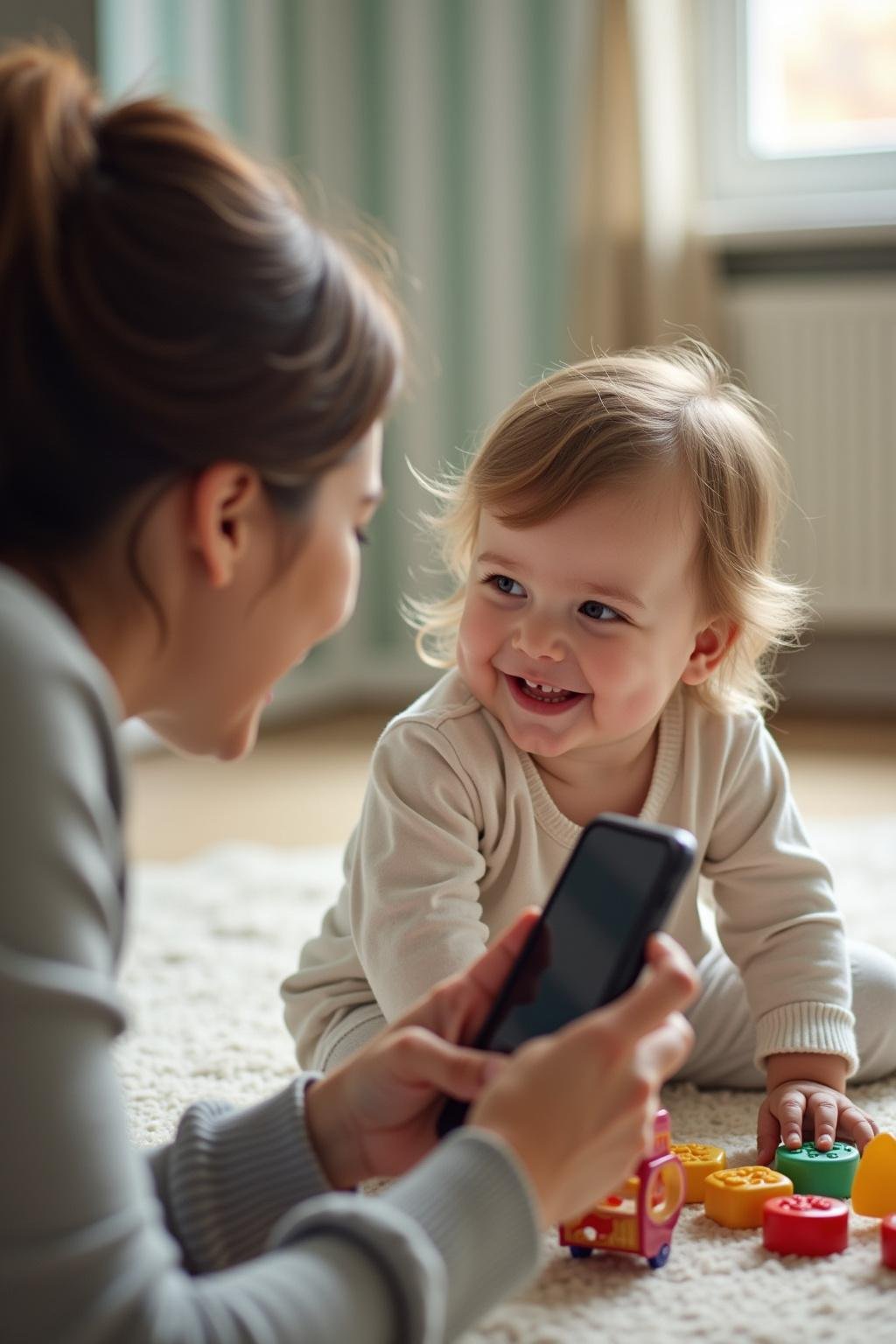 Mother playing gently with her toddler at eye level, emphasizing connection and gentle parenting techniques