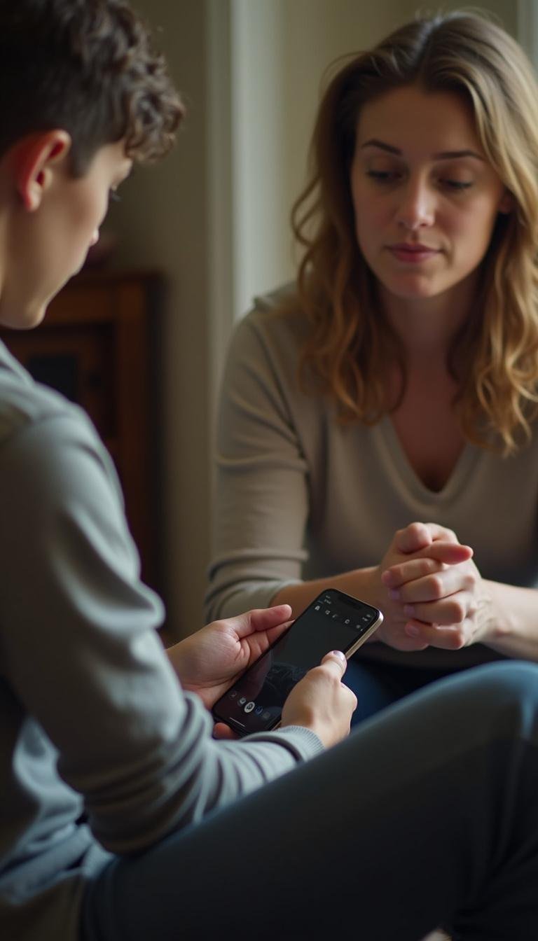 Parent calmly listening to a teenager in a cozy room, highlighting respectful communication in gentle parenting