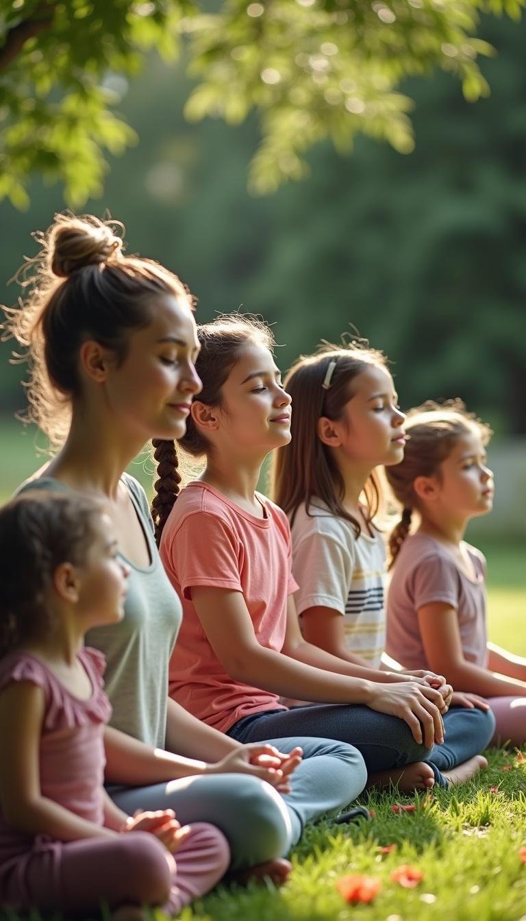 Diverse parents and children practicing mindfulness or gentle activities together to promote connection