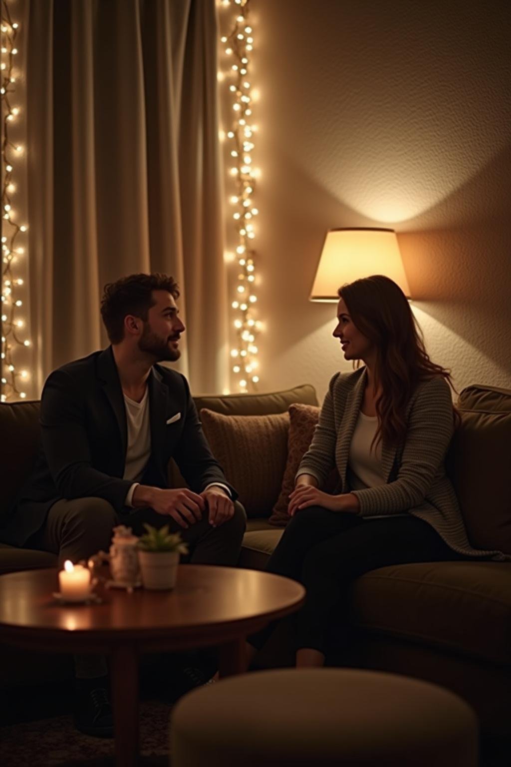 Two people having an emotional and supportive conversation during aftercare in a comfortable setting