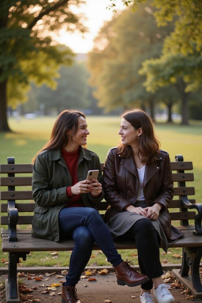 Two friends enjoying a deep platonic conversation on a park bench, illustrating meaningful friendship without romance.