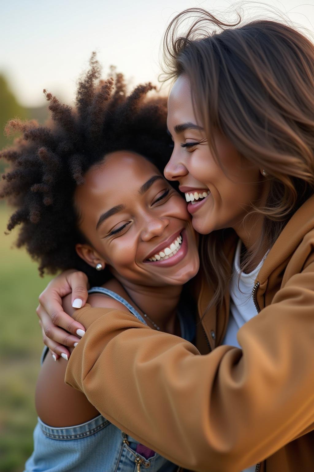 Two friends hugging outdoors, demonstrating deep platonic friendship and emotional support.