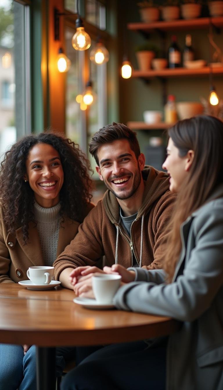 Diverse group of friends chatting and laughing at a coffee shop, highlighting strong platonic bonds.