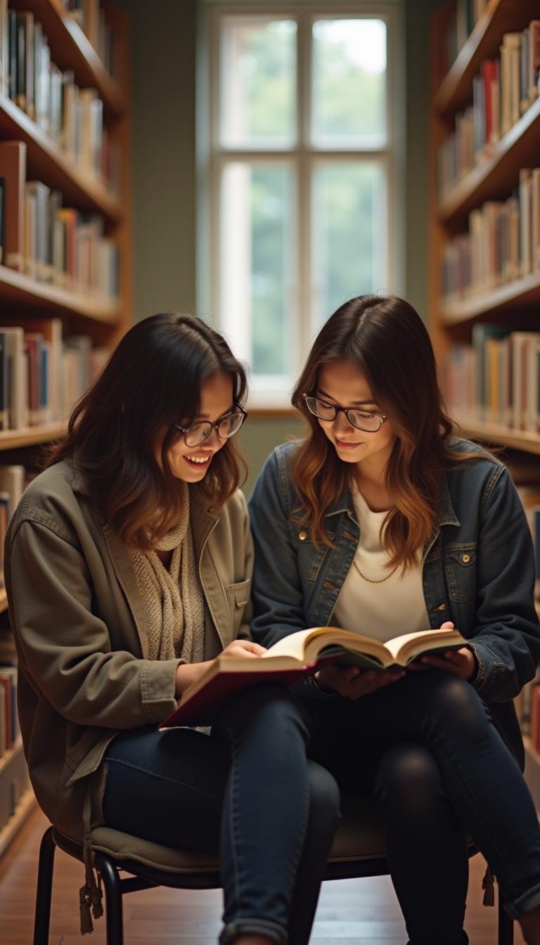 Two friends reading books side by side in a library, depicting deep platonic companionship.