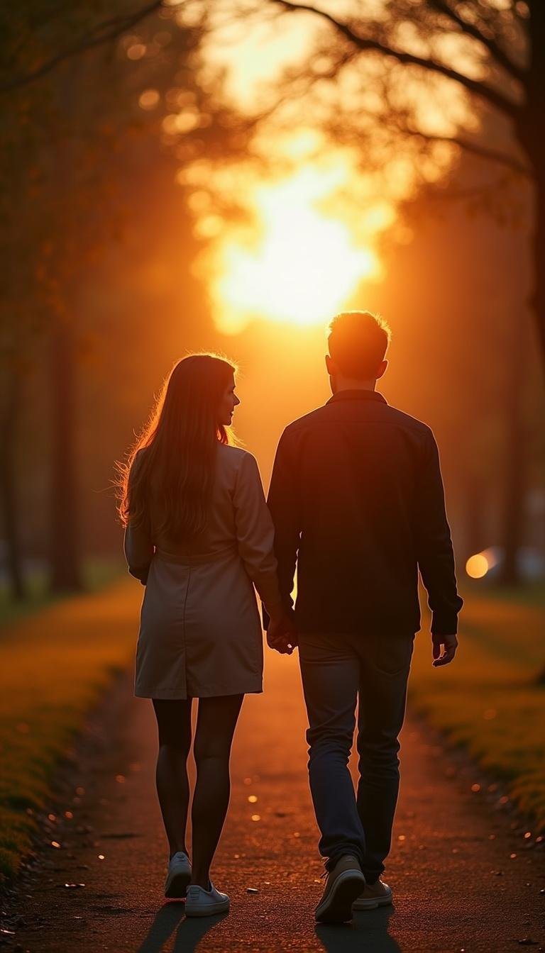 A man and woman walking and talking in a park at sunset, illustrating genuine platonic connection and trust.