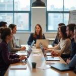 A diverse group of colleagues collaborating during a team meeting in a modern office setting