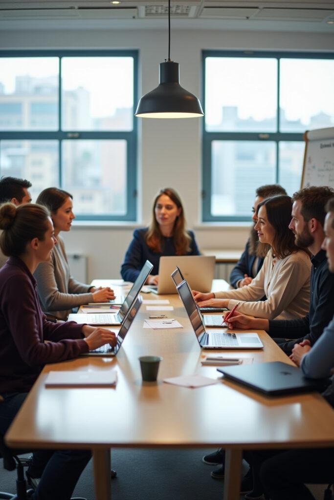 A diverse group of colleagues collaborating during a team meeting in a modern office setting