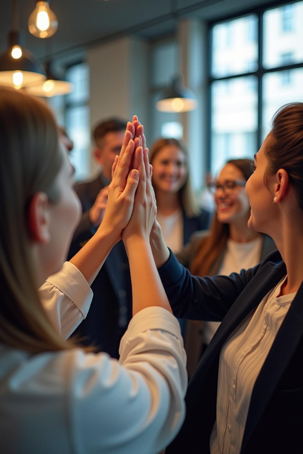 Happy team celebrating a project success with high-fives in a conference room