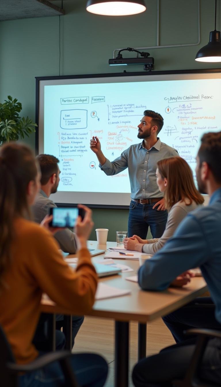 Team leader guiding a brainstorming session with colleagues collaborating on a whiteboard in the office
