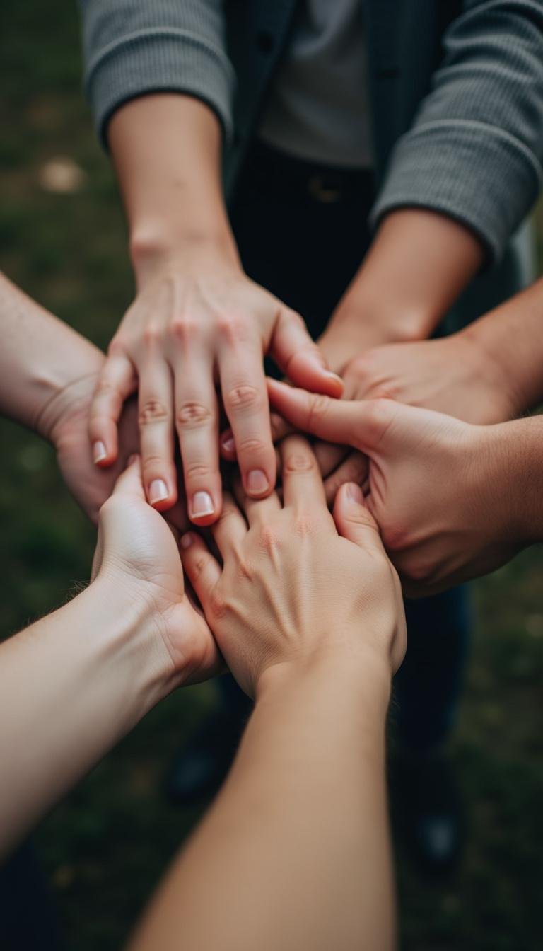 Multiple hands stacked together to symbolize teamwork and collaboration
