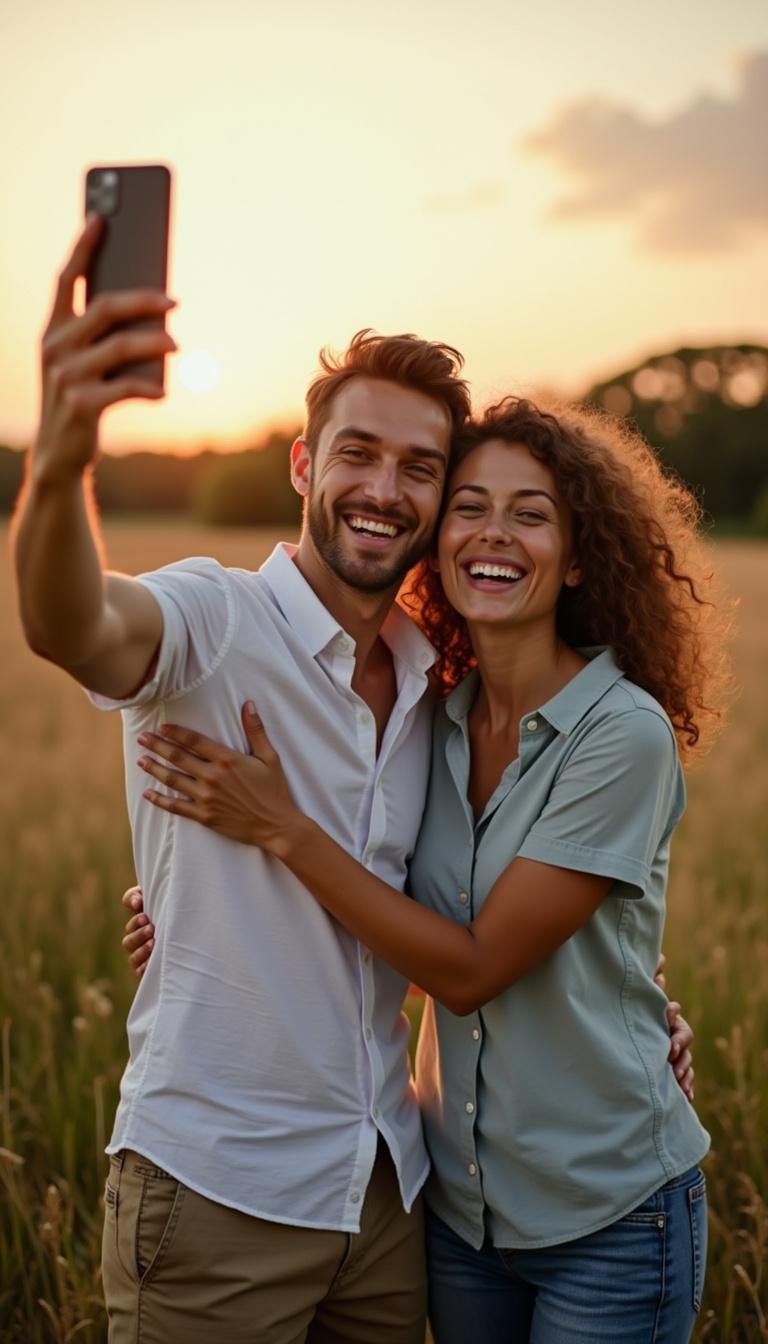 Couple outdoors sharing a joyful moment that illustrates attraction and emotional bonding