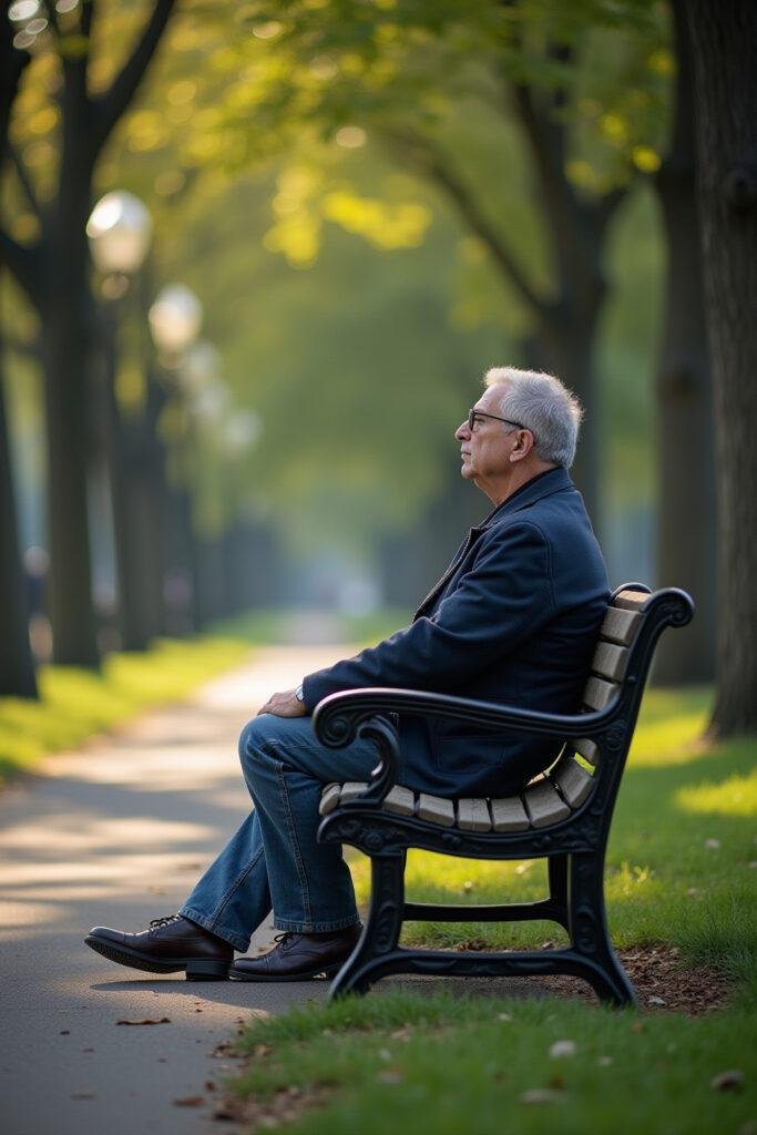 Adult man sitting alone on a park bench during the day, reflecting loneliness