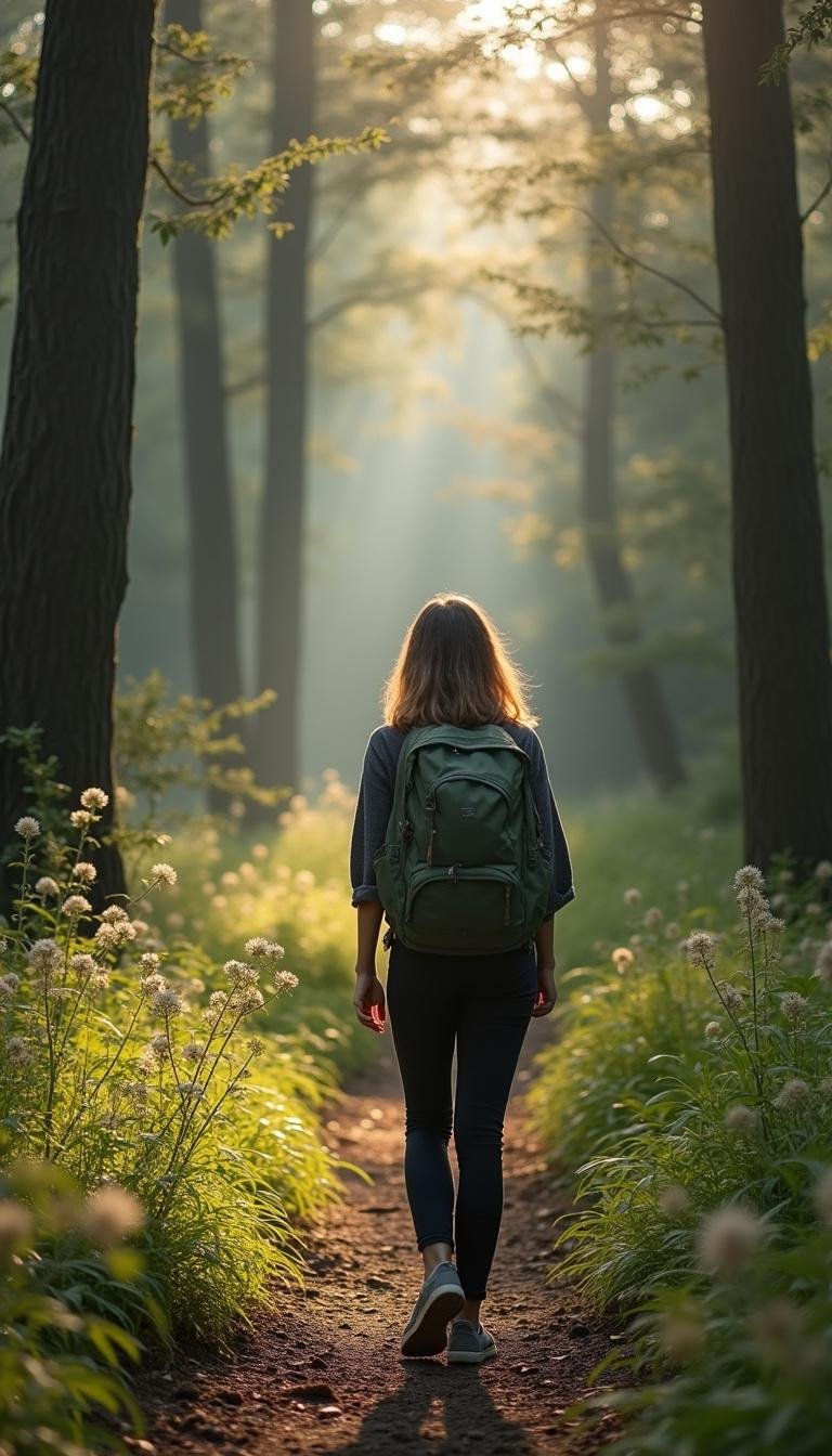 Woman hiking alone in a calm forest to illustrate individual solitude and introspection