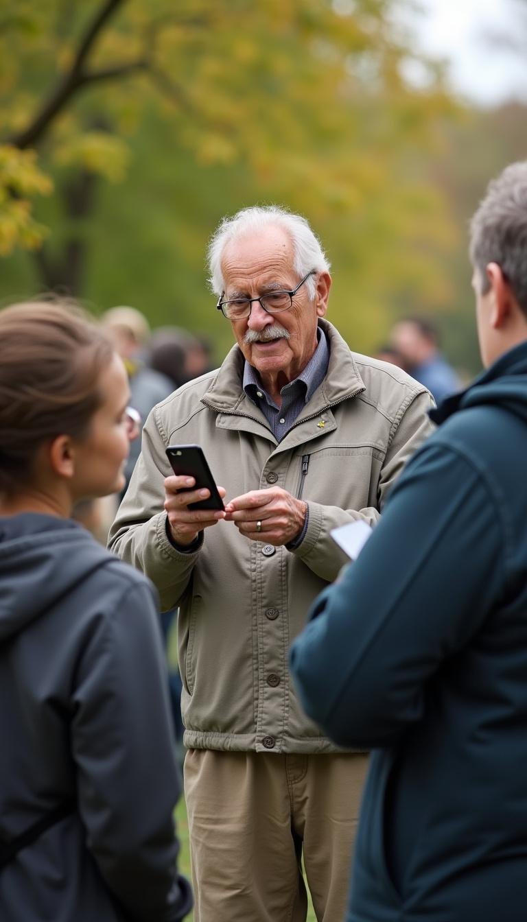 Senior man engaging in community activity outdoors, emphasizing connection and social interaction
