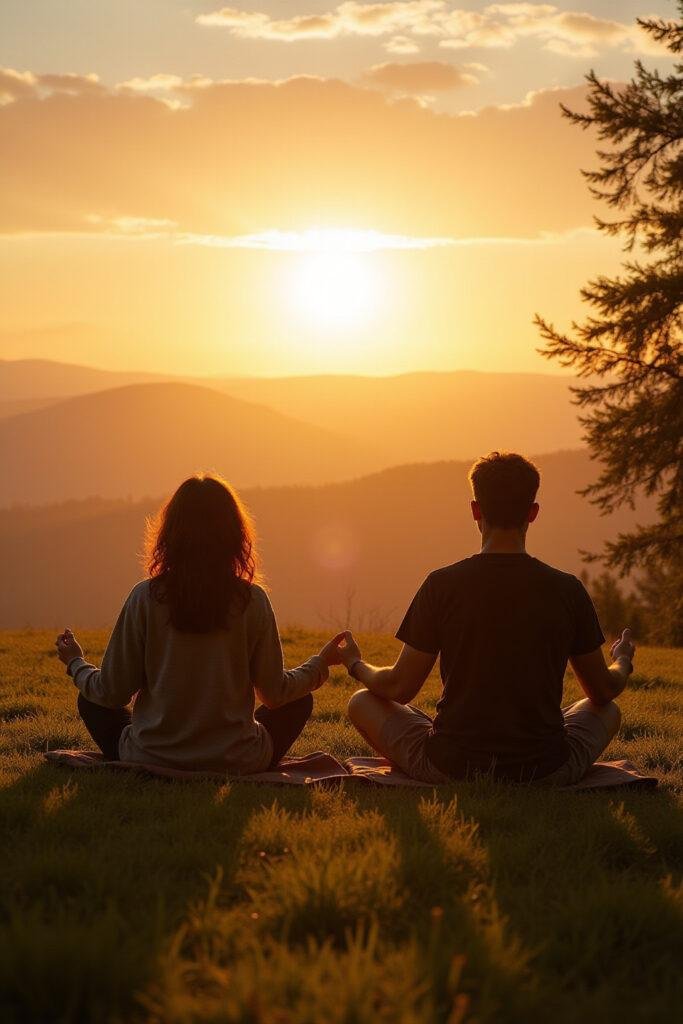 Couple meditating outdoors in nature at sunrise, representing spiritual connection in relationships