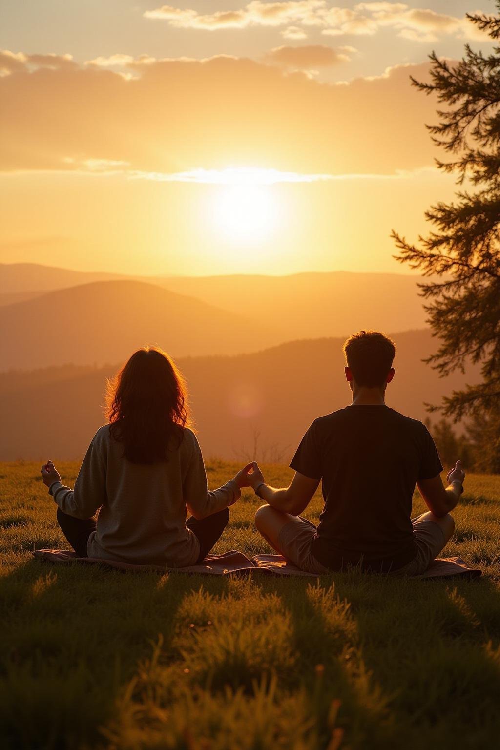 Couple meditating outdoors in nature at sunrise, representing spiritual connection in relationships