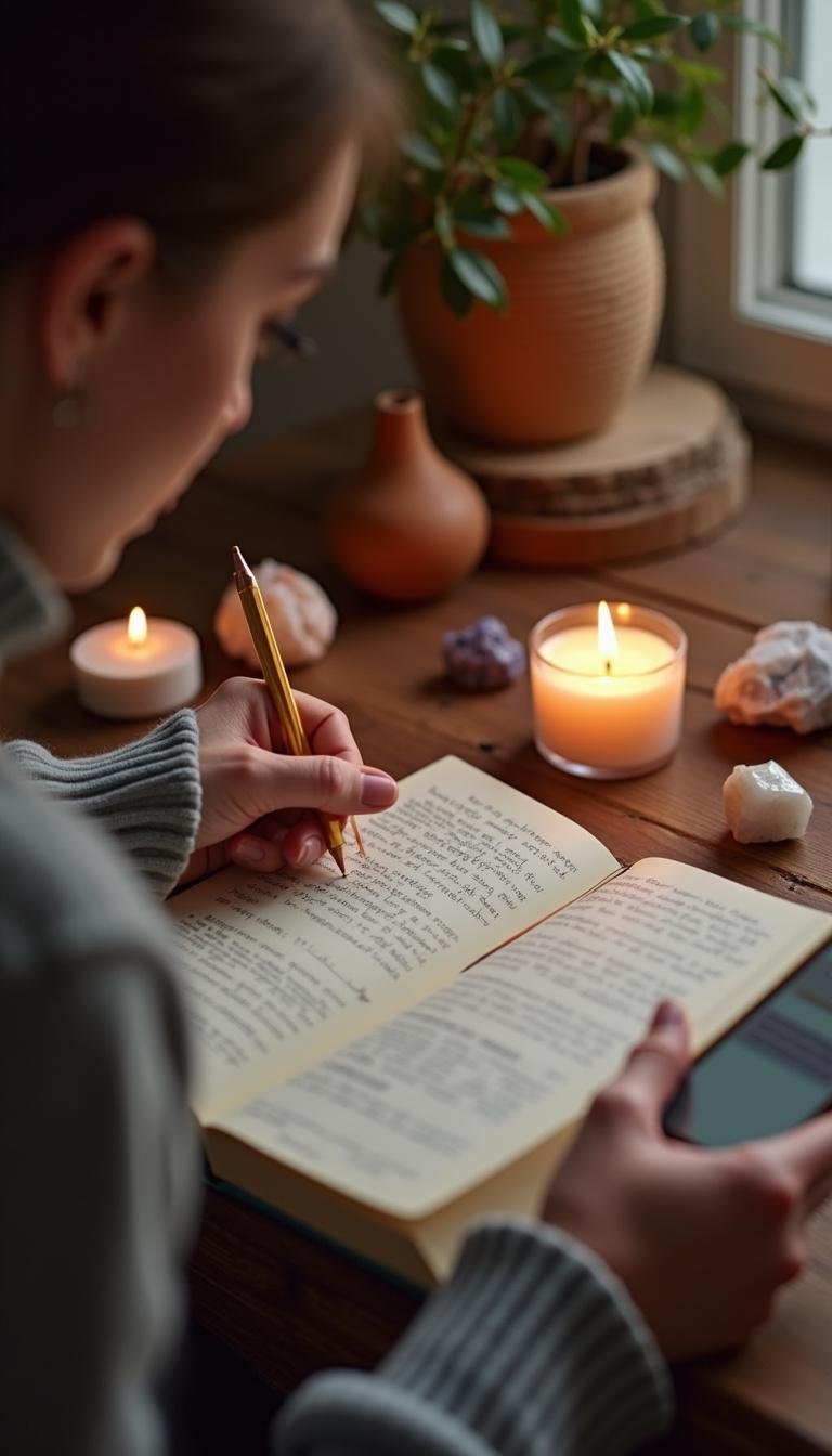 Individual journaling with crystals and candle, illustrating personal spiritual development in relationships