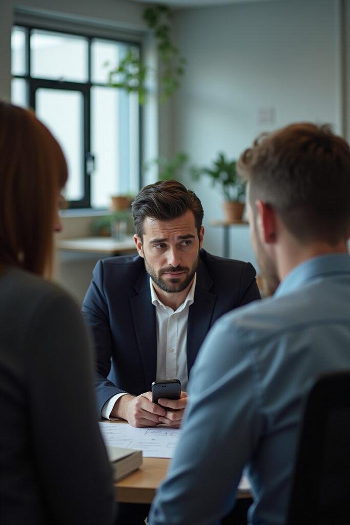 Office worker feeling stressed and overwhelmed by toxic coworkers during a busy workday