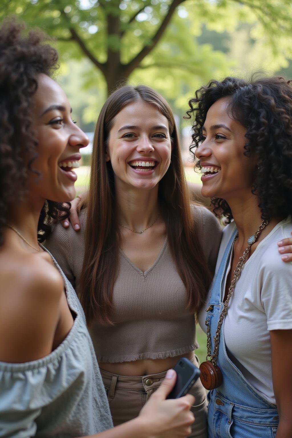 A diverse group of friends smiling and enjoying each other's company outdoors in a park