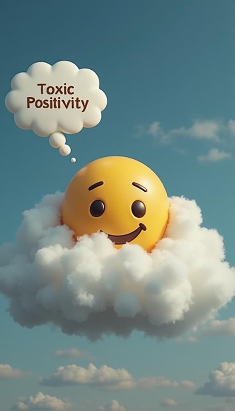 Smiling emoji with a bright speech bubble in front of a dark cloud, illustrating toxic positivity in friendships