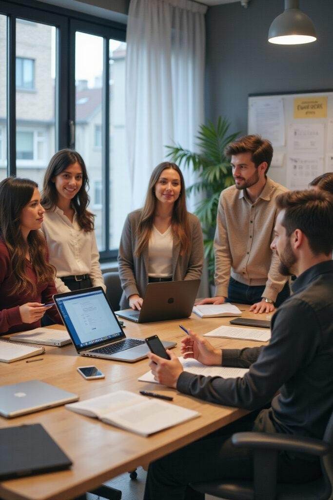 A diverse group of colleagues engaging in a friendly discussion in a modern office to illustrate emotional intelligence at work
