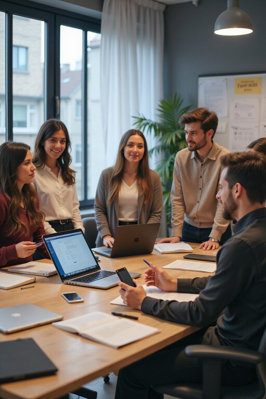 A diverse group of colleagues engaging in a friendly discussion in a modern office to illustrate emotional intelligence at work