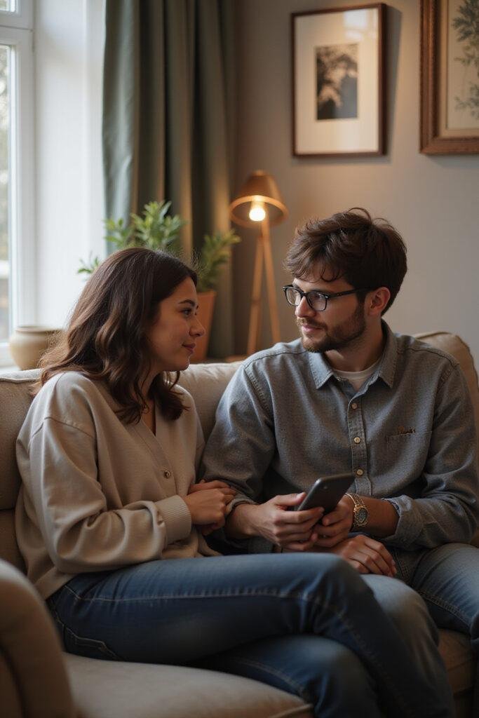 A couple calmly talking about their differing sex drives in a cozy living room