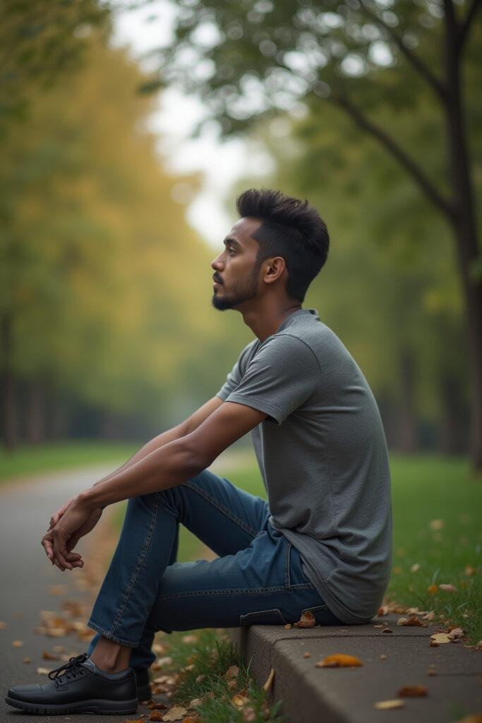 Individual meditating and reflecting alone in a park to promote self-awareness and personal growth