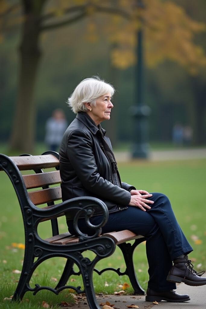 A woman sitting alone on a park bench, appearing contemplative, symbolizing loneliness and estrangement.