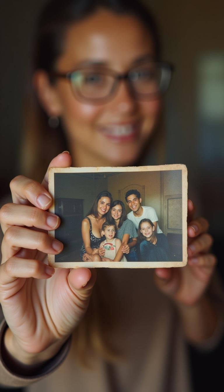 Someone holding an old family photo with a nostalgic expression, representing memories and loss.