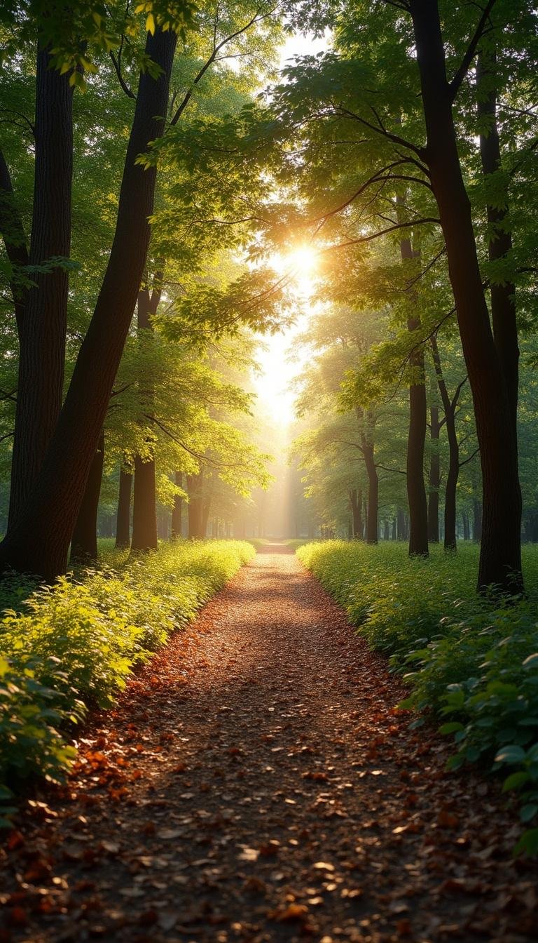 A peaceful forest path leading to a bright horizon, symbolizing hope and the journey toward reconciliation.