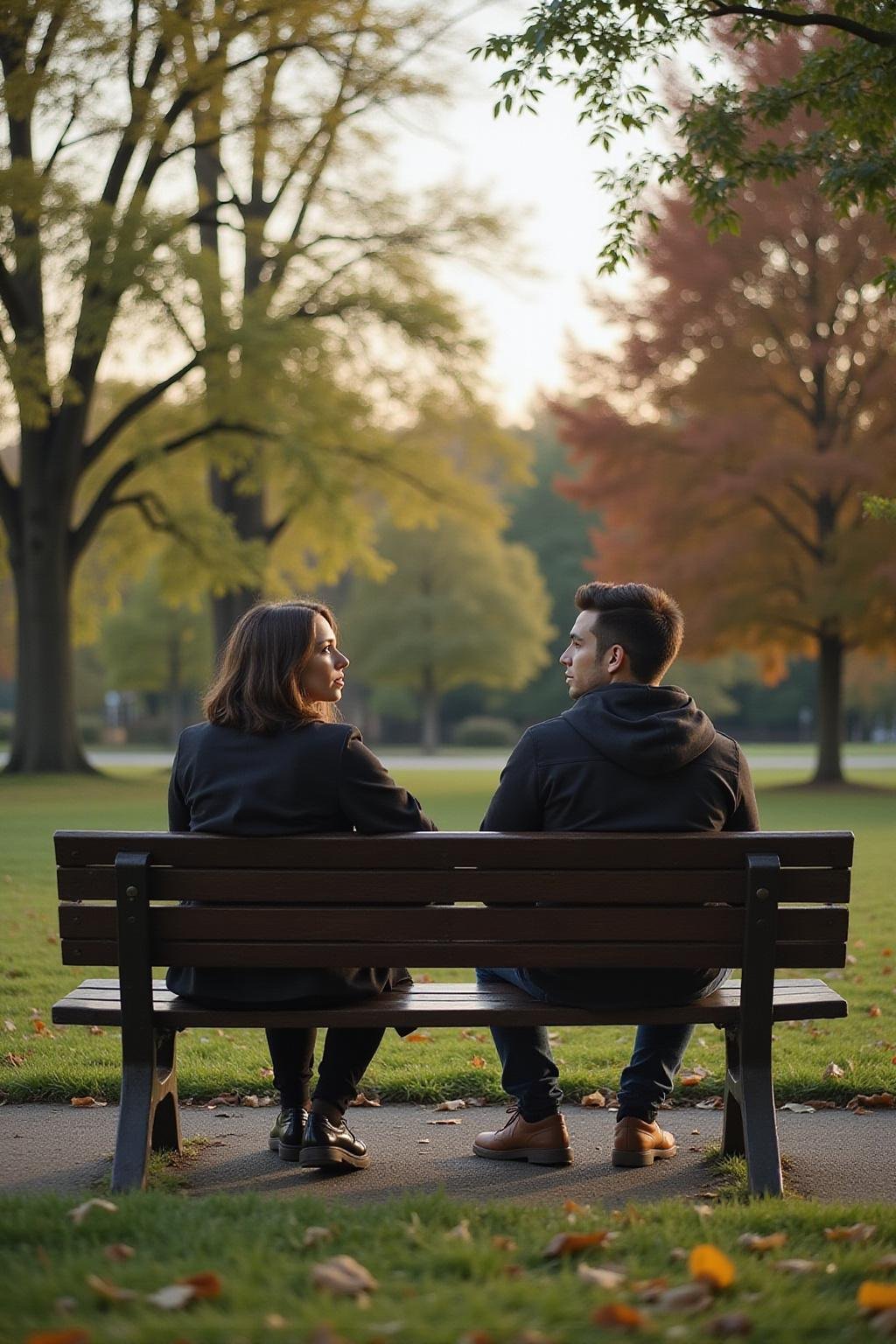 Two friends sitting apart on a park bench, illustrating emotional distance and growing apart in friendship