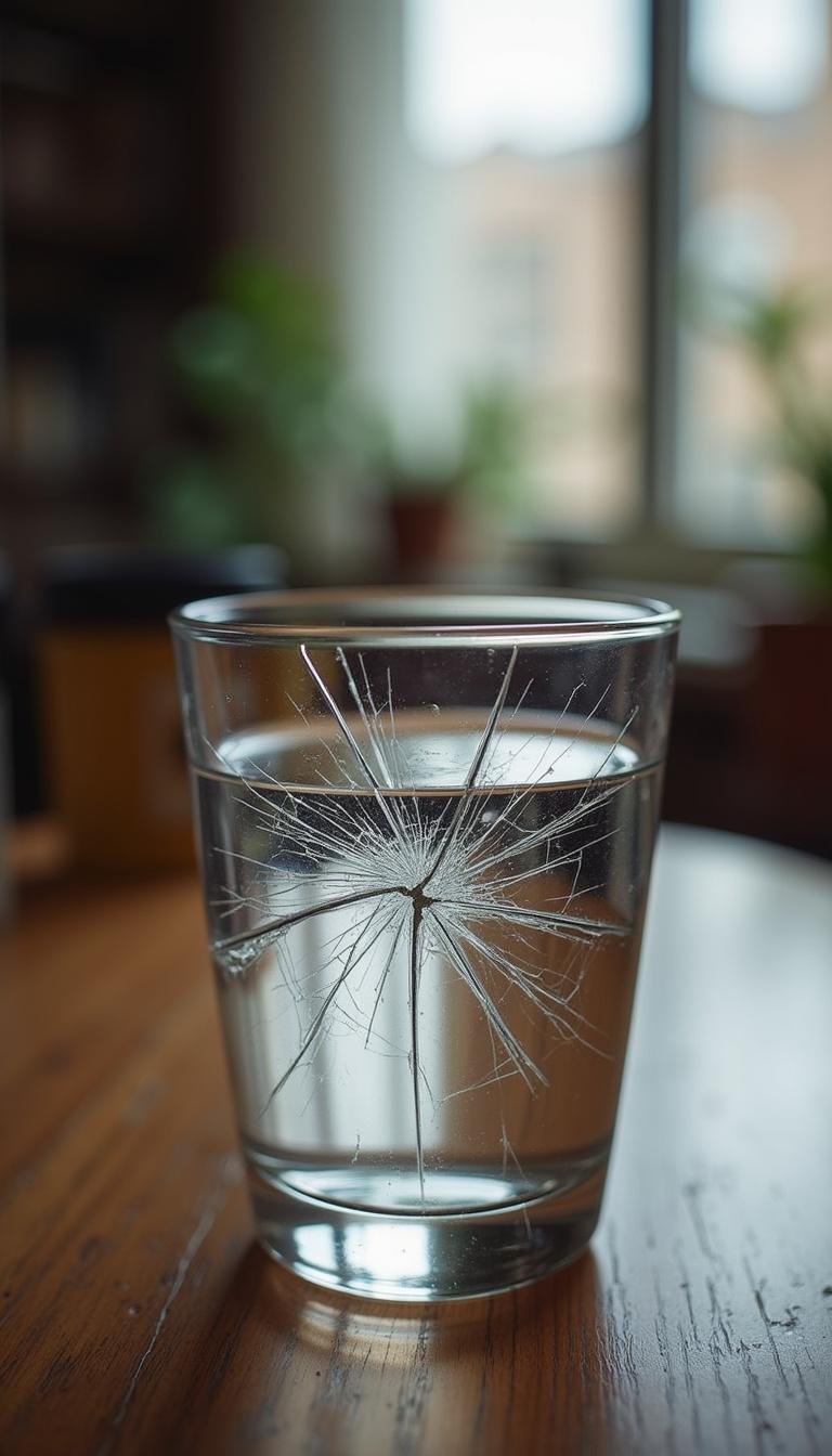 Cracked glass of water on a table, symbolizing a friendship breaking or ending