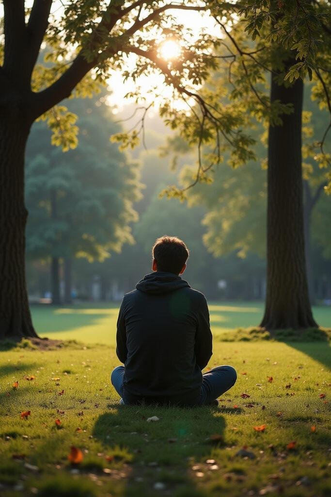 Individual contemplating self-care and setting boundaries in a serene park setting