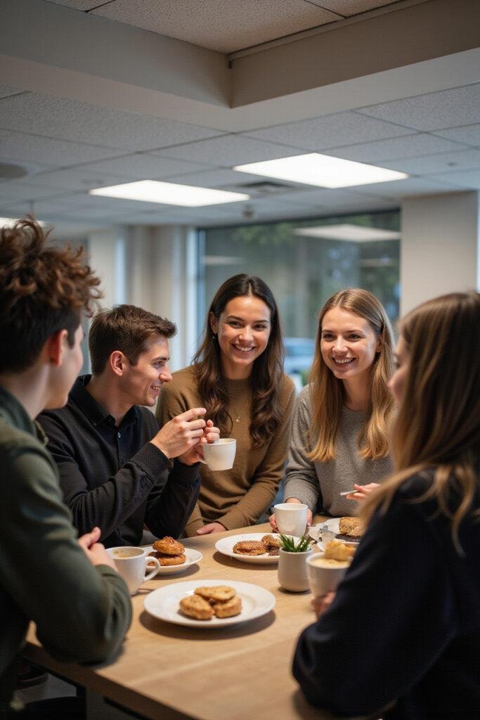 Diverse colleagues enjoying coffee break and friendly chat in office kitchen, highlighting workplace camaraderie.