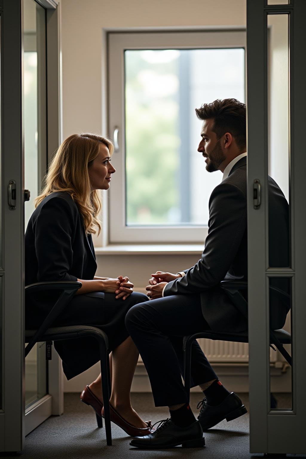 Coworkers engaging in a private, respectful conversation in a quiet office area, illustrating boundaries in friendships.