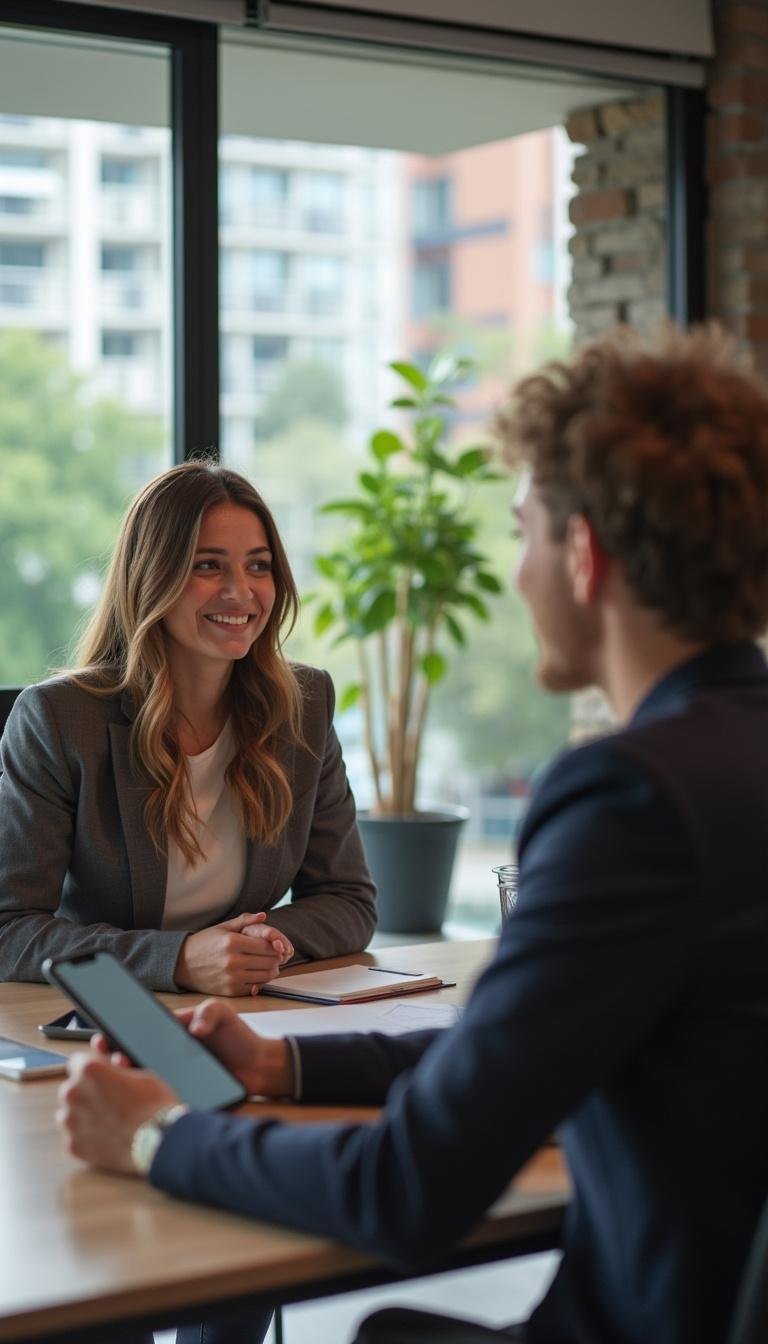 Employee working at desk while colleague chats briefly, representing appropriate workplace interactions.